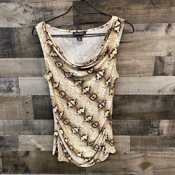 WHBM Women's Cowl Drape Neck Snakeskin Pattern Blouse Top Size Small Brown Tan - Picture 2 of 6